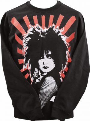 Black gothic sweatshirt with bold Siouxsie Sioux portrait and red sunburst print, inspired by post-punk visuals.
