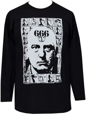 Black men’s long sleeve t-shirt featuring a high-contrast Aleister Crowley portrait sourced from a Psychic TV fanzine, printed in a raw zine-style layout.