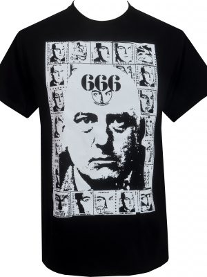 Black men’s t-shirt featuring a large Aleister Crowley portrait taken from a Psychic TV fanzine, printed in high-contrast black and white.