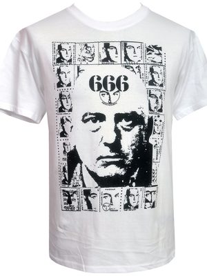 White men’s t-shirt featuring a high-contrast black and white portrait of Aleister Crowley sourced from a Psychic TV fanzine, printed in a raw zine-style layout.