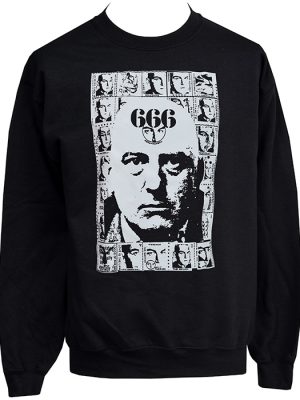 Black unisex sweatshirt featuring a high-contrast black and white portrait of Aleister Crowley sourced from a Psychic TV fanzine, printed in a raw zine-style layout.