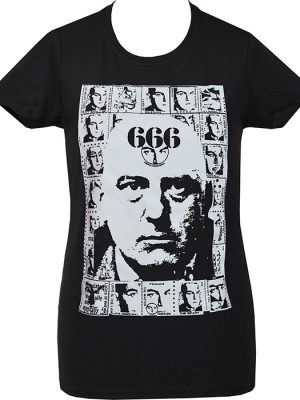 Black women’s t-shirt featuring a high-contrast black and white portrait of Aleister Crowley sourced from a Psychic TV fanzine, printed in a raw zine-style layout.