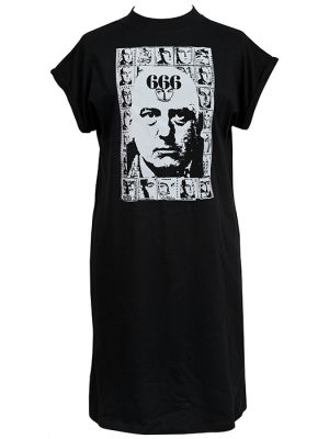 Black women’s t-shirt dress featuring a high-contrast black and white portrait of Aleister Crowley sourced from a Psychic TV fanzine, printed in a raw zine-style layout.