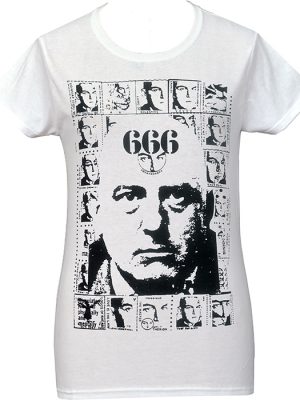 White women’s t-shirt featuring a high-contrast black and white portrait of Aleister Crowley sourced from a Psychic TV fanzine, printed in a raw zine-style layout.