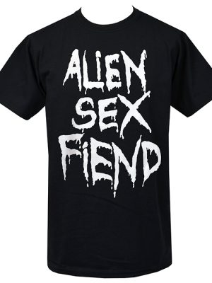 Men’s black Alien Sex Fiend t-shirt with large white distressed gothic band logo printed on the front.