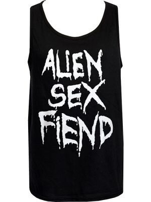 Men’s black Alien Sex Fiend tank top with large white distressed gothic band logo printed on the front.