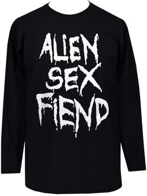 Men’s black Alien Sex Fiend long sleeve t-shirt with large white distressed gothic band logo printed on the front.