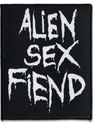 Black Alien Sex Fiend sew-on patch with white dripping band logo, available in three sizes (small, medium, large).