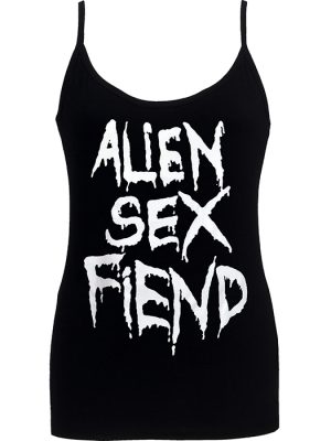 Women’s black Alien Sex Fiend strappy top with large white distressed gothic band logo printed on the front.