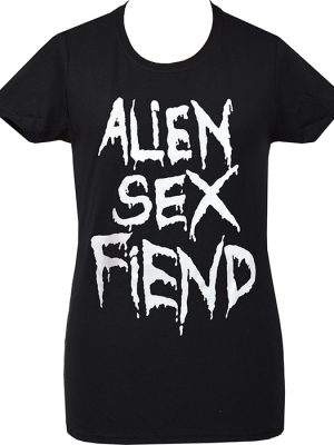 Women’s black Alien Sex Fiend t-shirt with large white distressed gothic band logo printed on the front.