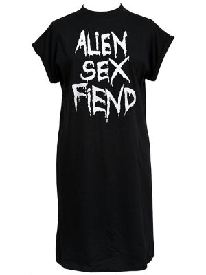 Black Alien Sex Fiend t-shirt dress with large white distressed gothic band logo printed on the front.