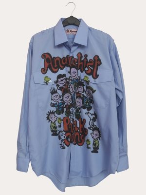 Men’s Seditionaries reproduction punk shirt in light blue with Anarchist Punk Gang graphic hanging on a rail