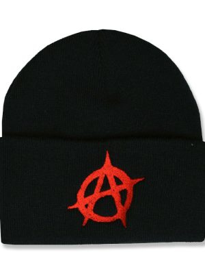 Black knitted punk beanie hat with wide folded cuff featuring a bold red embroidered circled A anarchy symbol on the front.