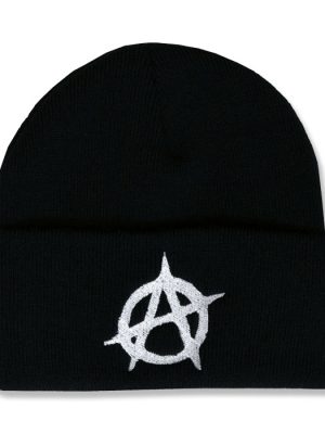 Black knitted punk beanie hat with wide folded cuff featuring a white embroidered circled A anarchy symbol centred on the front.