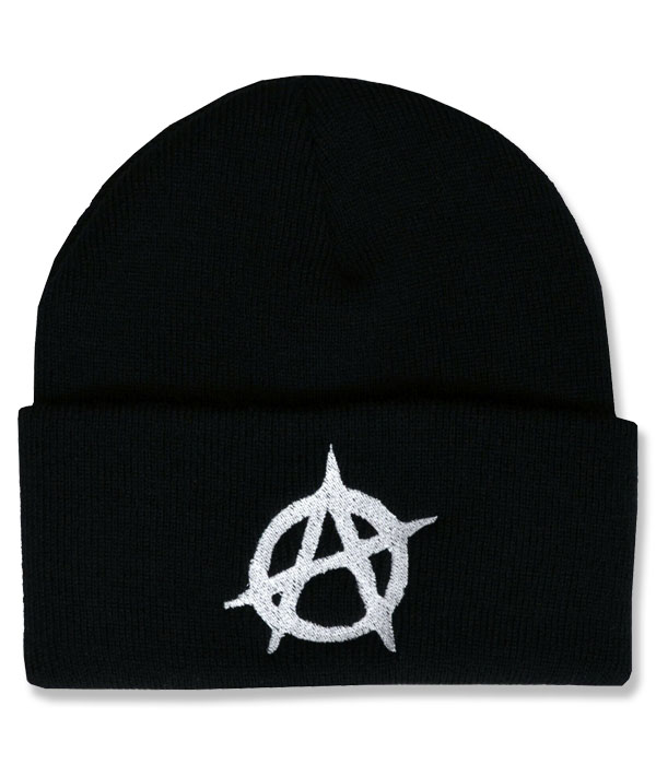 Black knitted punk beanie hat with wide folded cuff featuring a white embroidered circled A anarchy symbol centred on the front.