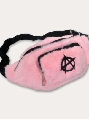 Baby pink fluffy faux fur bum bag with black embroidered anarchy symbol, black zipped compartments and adjustable black strap.