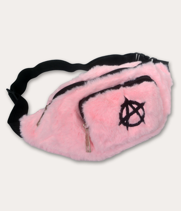 Baby pink fluffy faux fur bum bag with black embroidered anarchy symbol, black zipped compartments and adjustable black strap.