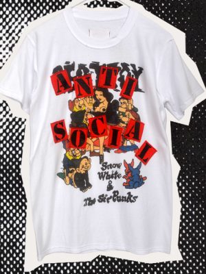 White men's Anti Social Destroy Seditionaries style punk T-shirt, printed inside out with exposed seams, red stencil lettering and cartoon collage artwork.