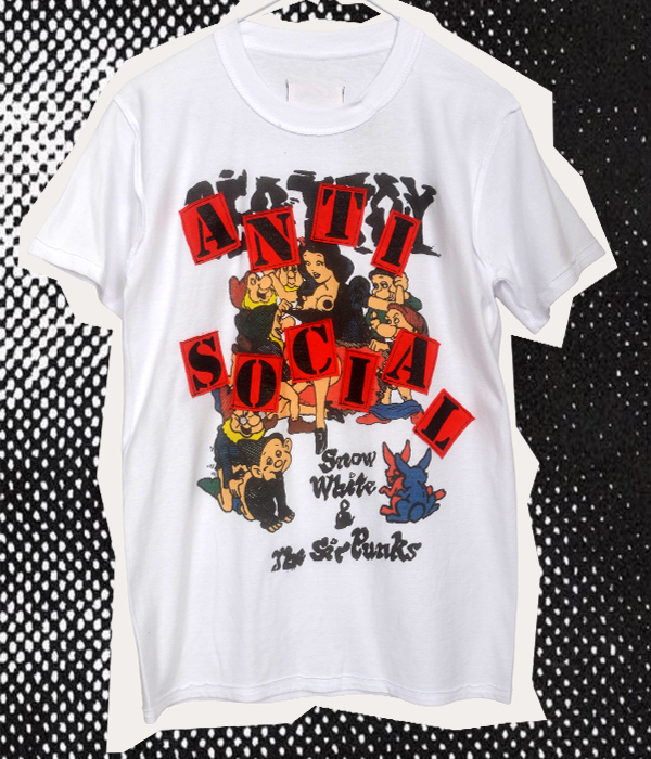 White men's Anti Social Destroy Seditionaries style punk T-shirt, printed inside out with exposed seams, red stencil lettering and cartoon collage artwork.