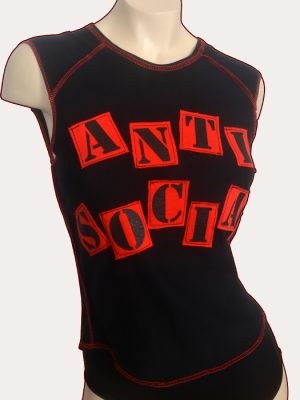 Black sleeveless Anti Social babydoll punk top with red appliqué lettering, red overlocked stitching, and fitted women’s cut.