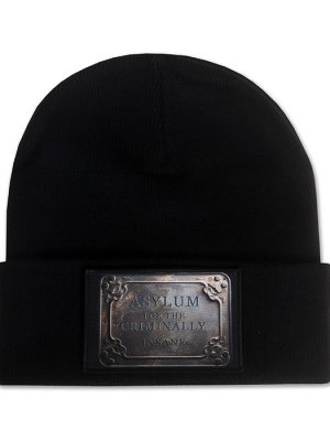 Black cuffed beanie hat featuring metallic style Asylum for the Criminally Insane plaque patch on the front.
