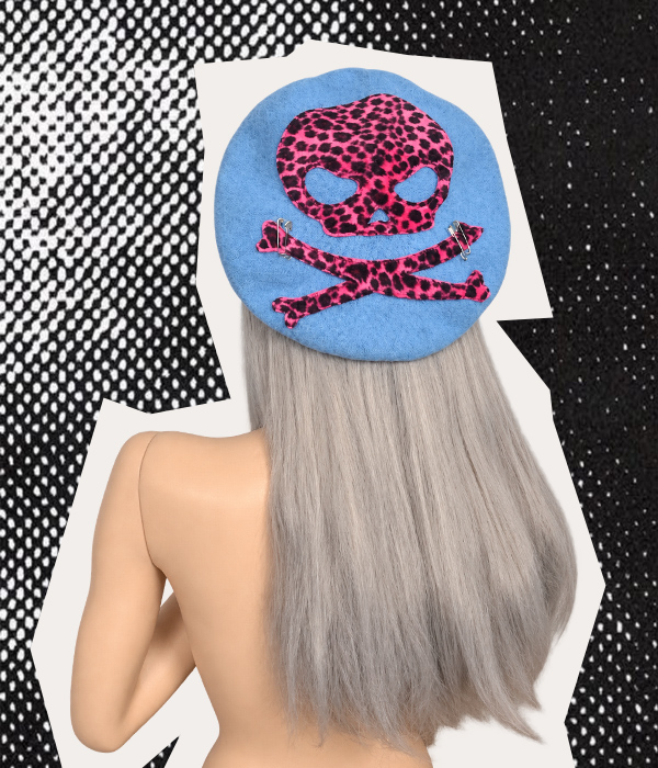 Baby Blue & Pink Leopard print Skull Beret - Image 2