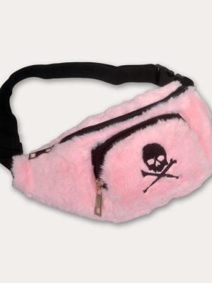Baby pink fluffy faux fur bum bag with black embroidered skull and crossbones, black zips and adjustable black strap.