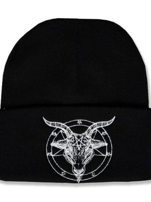 Black knitted goth beanie hat with wide folded cuff featuring detailed white embroidery of a horned goat head inside a circular pentagram.