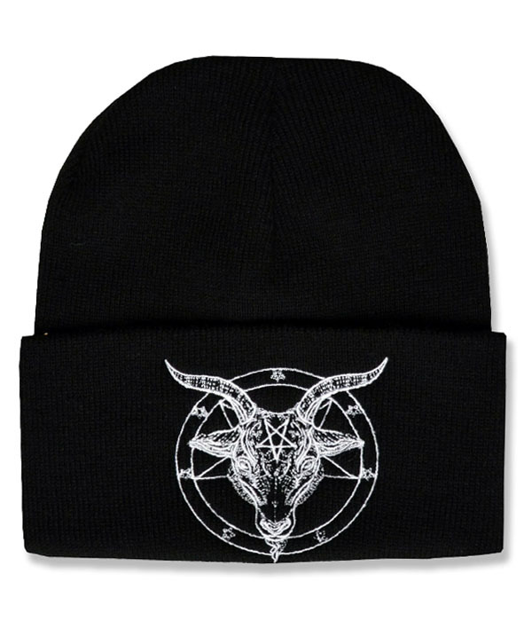 Black knitted goth beanie hat with wide folded cuff featuring detailed white embroidery of a horned goat head inside a circular pentagram.