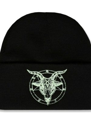 Black knitted gothic beanie hat with wide turn-up cuff featuring pale greenish-white glow-in-the-dark embroidery of a horned Baphomet goat head within a circular pentagram.