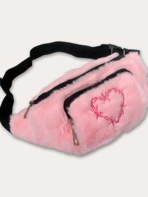 Baby pink fluffy faux fur bum bag with darker pink embroidered barbed wire heart, black zips and adjustable black strap.
