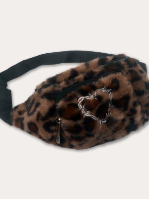 Brown and black fluffy leopard print bum bag with embroidered barbed wire heart, black zipped compartments and adjustable black strap.
