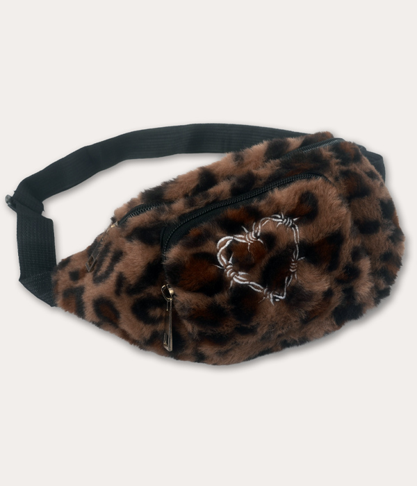 Brown and black fluffy leopard print bum bag with embroidered barbed wire heart, black zipped compartments and adjustable black strap.