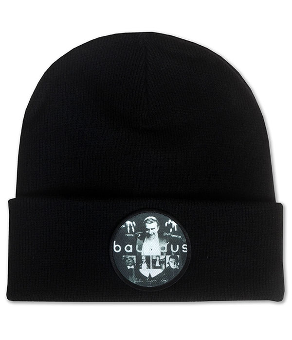 Black cuffed beanie hat featuring circular black and white Bauhaus logo patch on the front.