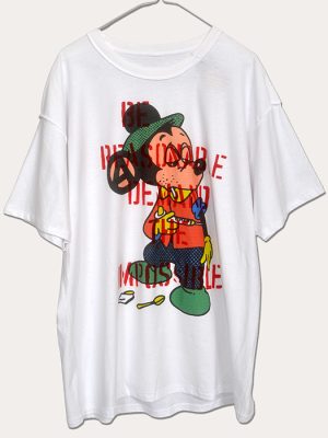 White men’s XL Seditionaries style punk T-shirt worn inside out, featuring a colourful cartoon figure with red Be Reasonable Demand the Impossible lettering and hand-stencilled details.
