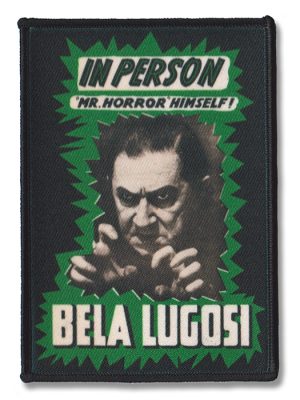 Bela Lugosi printed horror sew-on patch with black-and-white portrait, green jagged border and Mr. Horror Himself lettering.