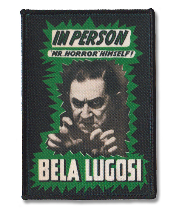 Bela Lugosi printed horror sew-on patch with black-and-white portrait, green jagged border and Mr. Horror Himself lettering.