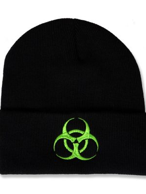 Black knitted beanie hat with wide folded cuff featuring a bright neon green embroidered biohazard warning symbol centred on the front.
