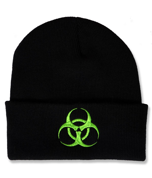 Black knitted beanie hat with wide folded cuff featuring a bright neon green embroidered biohazard warning symbol centred on the front.