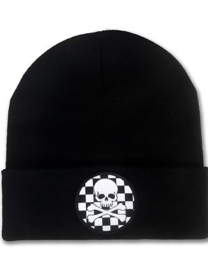 Black knitted beanie hat with folded cuff featuring a circular white skull and crossbones patch against a black and white checkerboard background.