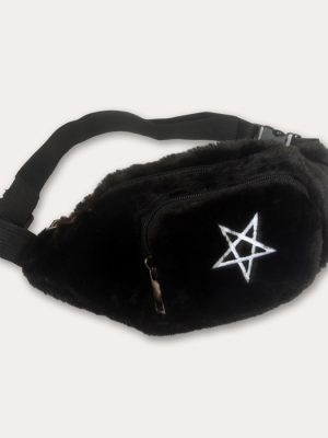 Black fluffy faux fur bum bag with white embroidered inverted pentagram, black zip compartments and adjustable black strap.