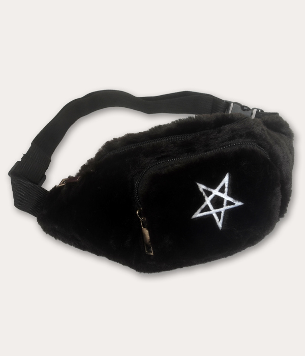 Black fluffy faux fur bum bag with white embroidered inverted pentagram, black zip compartments and adjustable black strap.