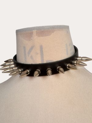 Black real leather adjustable punk collar with long silver-tone spikes, shown on a mannequin and laid flat with buckle fastening.