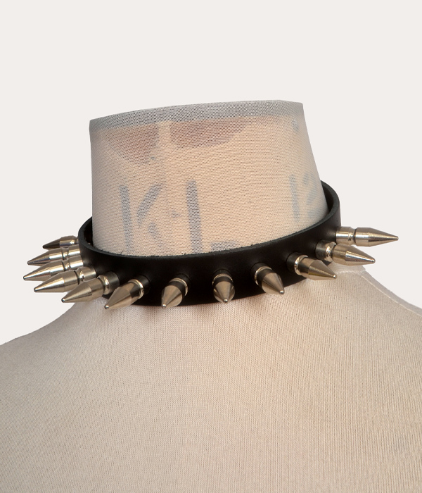 Black real leather adjustable punk collar with long silver-tone spikes, shown on a mannequin and laid flat with buckle fastening.