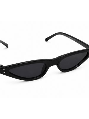 Black narrow oval sunglasses with dark lenses, pointed frames and silver-tone rivet details