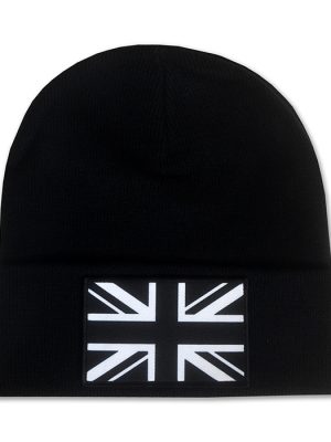 Black cuffed beanie hat featuring a monochrome Union Jack British flag patch on the front.