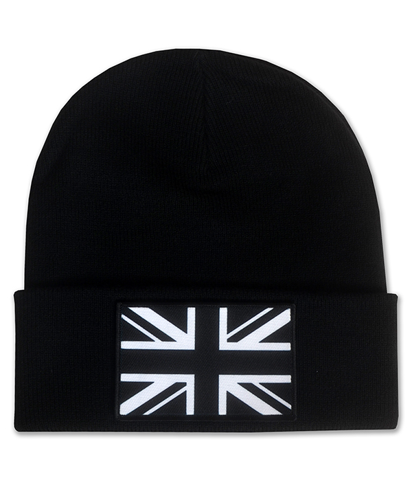 Black cuffed beanie hat featuring a monochrome Union Jack British flag patch on the front.