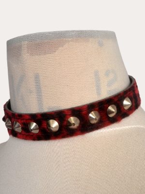 Blood red and black leopard print adjustable punk collar with silver-tone cone studs, shown on a mannequin and laid flat with buckle fastening.