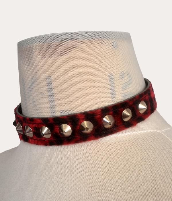 Blood red and black leopard print adjustable punk collar with silver-tone cone studs, shown on a mannequin and laid flat with buckle fastening.
