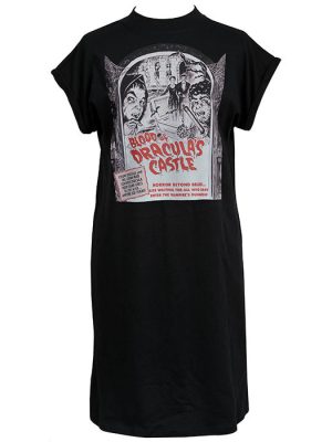 Black women’s t-shirt dress featuring vintage horror poster art from Blood of Dracula’s Castle, with gothic figures and red text.
